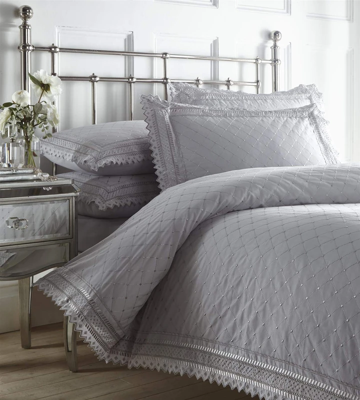 Portfolio Balmoral Broderie Anglaise Percale Duvet Cover Polycotton Bed Set, Silver, King size