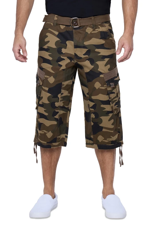 X RAY Men's Belted Long Cargo Shorts for Men, Below Knee Length Mens Cargo Shorts, 3/4 Pants (Big and Tall Shorts for Men), Brown Camo, 36