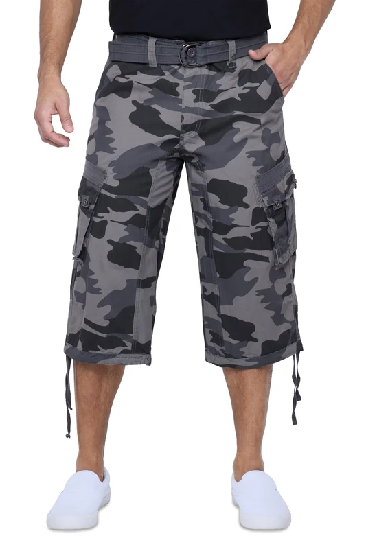 X RAY Men's Belted Cargo Long Shorts 18" Inseam Below Knee Length Multi Pocket 3/4 Capri Pants (Big and Tall Shorts for Men), Black Camo, 36