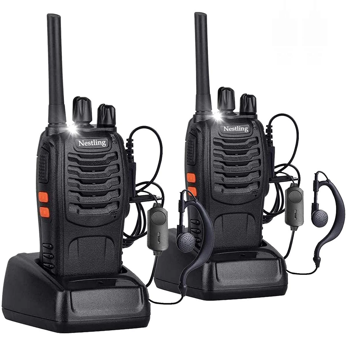 QITAO 2Pcs Rechargeable Walkie Talkies Long Range 2 Way Radio + Original Earpieces Walky Talky 16CH Single Band Supports VOX LED Light Voice Prompt for Biking and Hiking