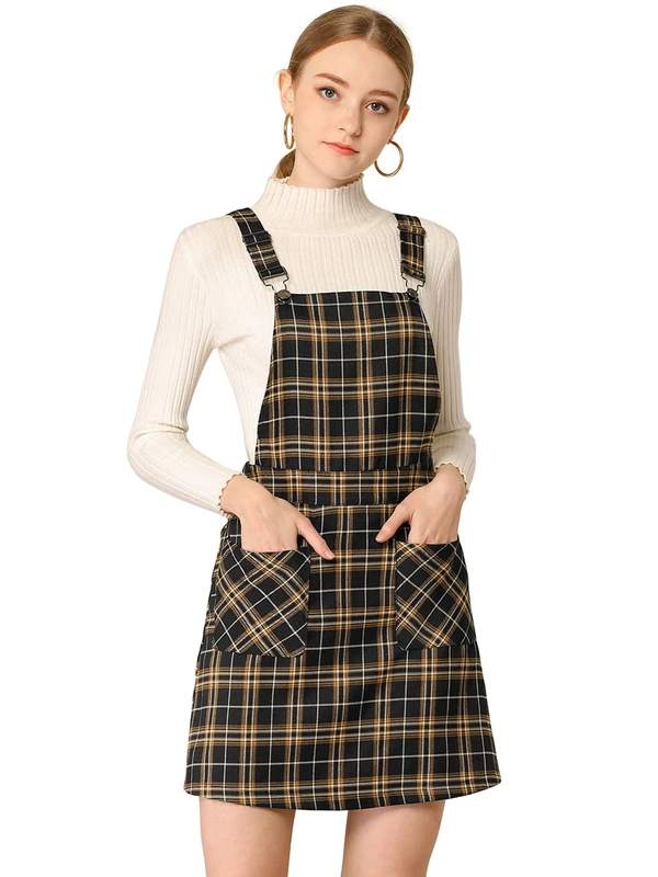 Allegra K Women's Adjustable Strap Above Knee Plaid Printed Overall Dress Suspender Skirt, Black-Brown, L