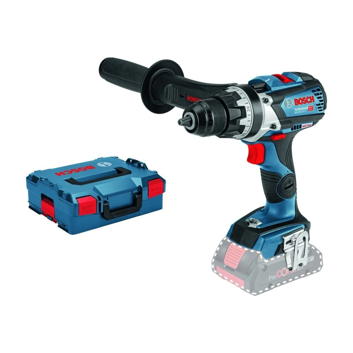 Bosch Professional 18V System Cordless Drill Driver GSR 18V-110 C (incl. Aux. Handle, L-BOXX 136, without battery/charger)