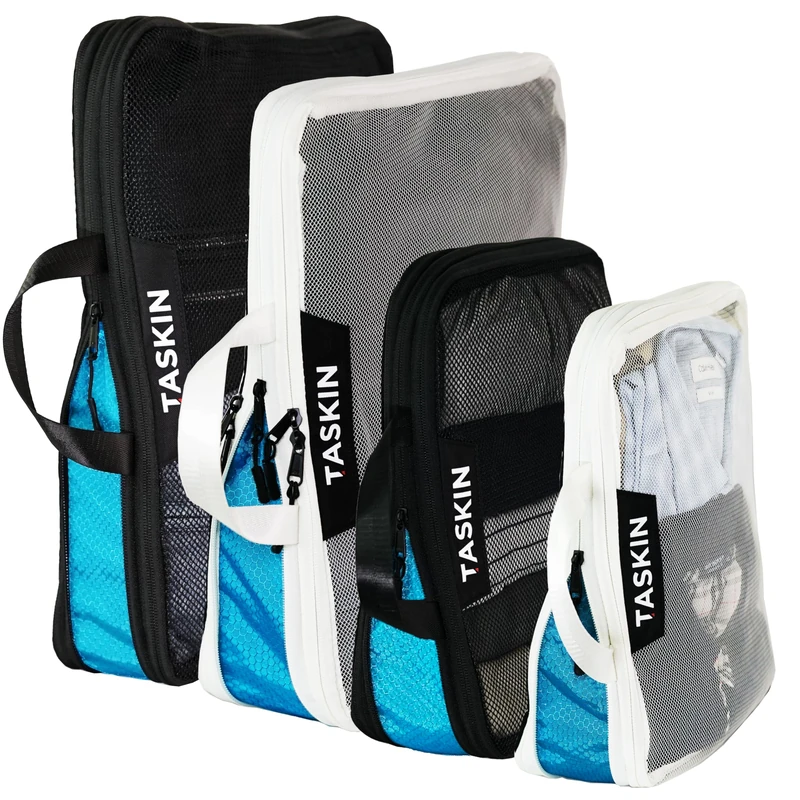 Taskin Compression Packing Cubes | Separate Clean & Dirty Compartments w/Flexible Separator | YKK Zippers | Set of 4 (2L + 2M)