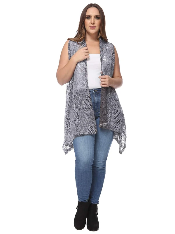 Anna-Kaci Women's Plus Size Bohemian Open Front Crochet Bikini Cover Up Sleeveless Draped Shawl Kimono Vest, Grey, X-Large/XX-Large - Image 1