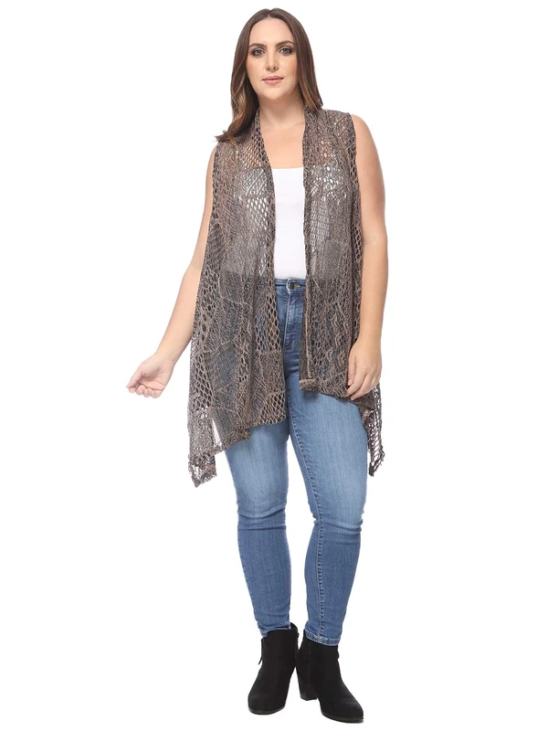 Anna-Kaci Women's Summer Plus Size Boho Open Front Hippie Crochet Cover Up Sleeveless Draped Shawl, Brown, X-Large/XX-Large