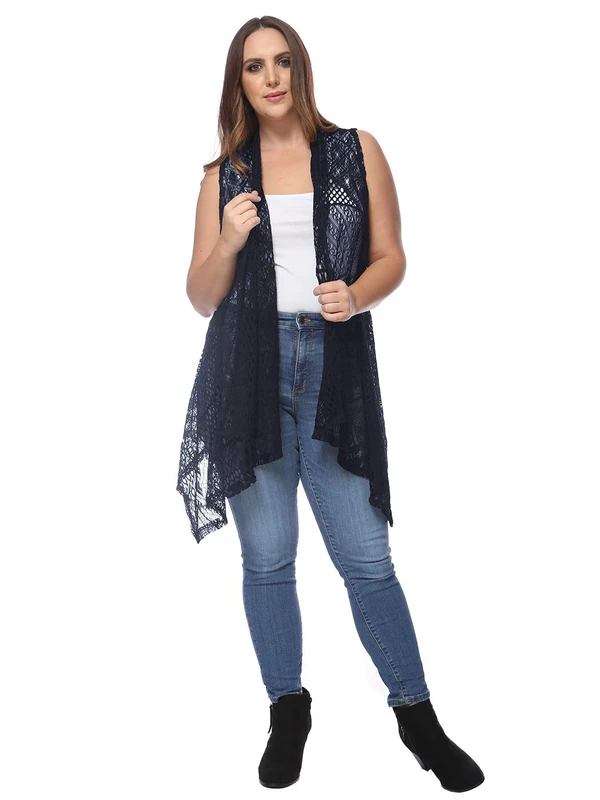 Anna-Kaci Women's Plus Size Bohemian Open Front Crochet Bikini Cover Up Sleeveless Draped Shawl Cardigan Vest, Navy, X-Large/XX-Large