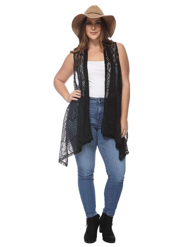 Anna-Kaci Women's Plus Size Bohemian Draped Open Front Hippie Crochet Bikini Cover Up Sleeveless Shawl Cardigan Vest, Black, X-Large/XX-Large