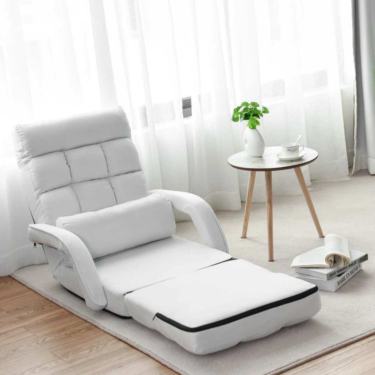 COSTWAY Adjustable Folding Lazy Sofa Bed with Armrests and Pillow, Convertible Floor Armchair Sofa Seat for Home Office, Easy-to-Clean (White)