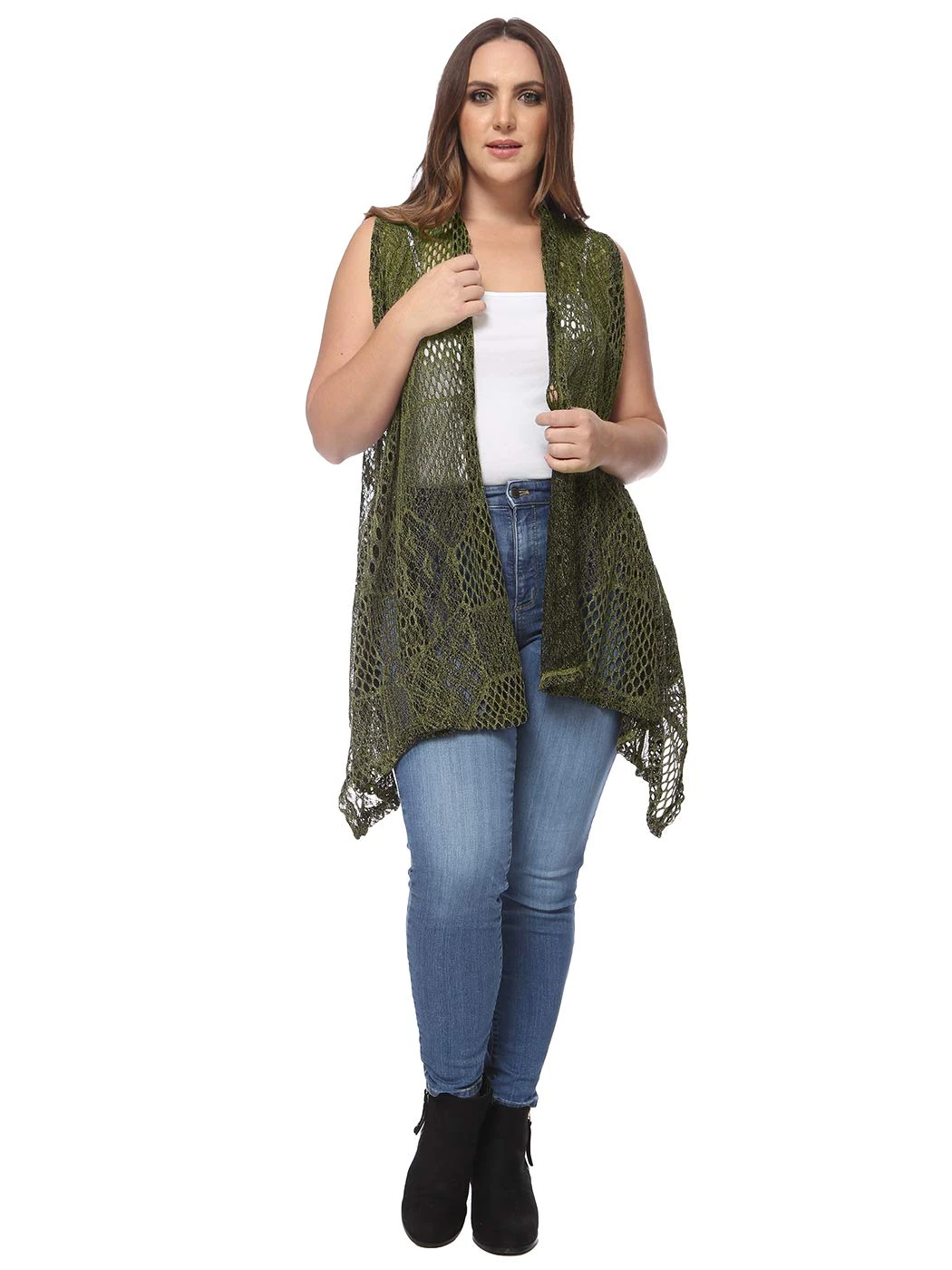 Anna-Kaci Women's Plus Size Summer Open Front Hippie Crochet Bikini Cover Up Sleeveless Draped Shawl Cardigan Vest, Olive Green, X-Large/XX-Large
