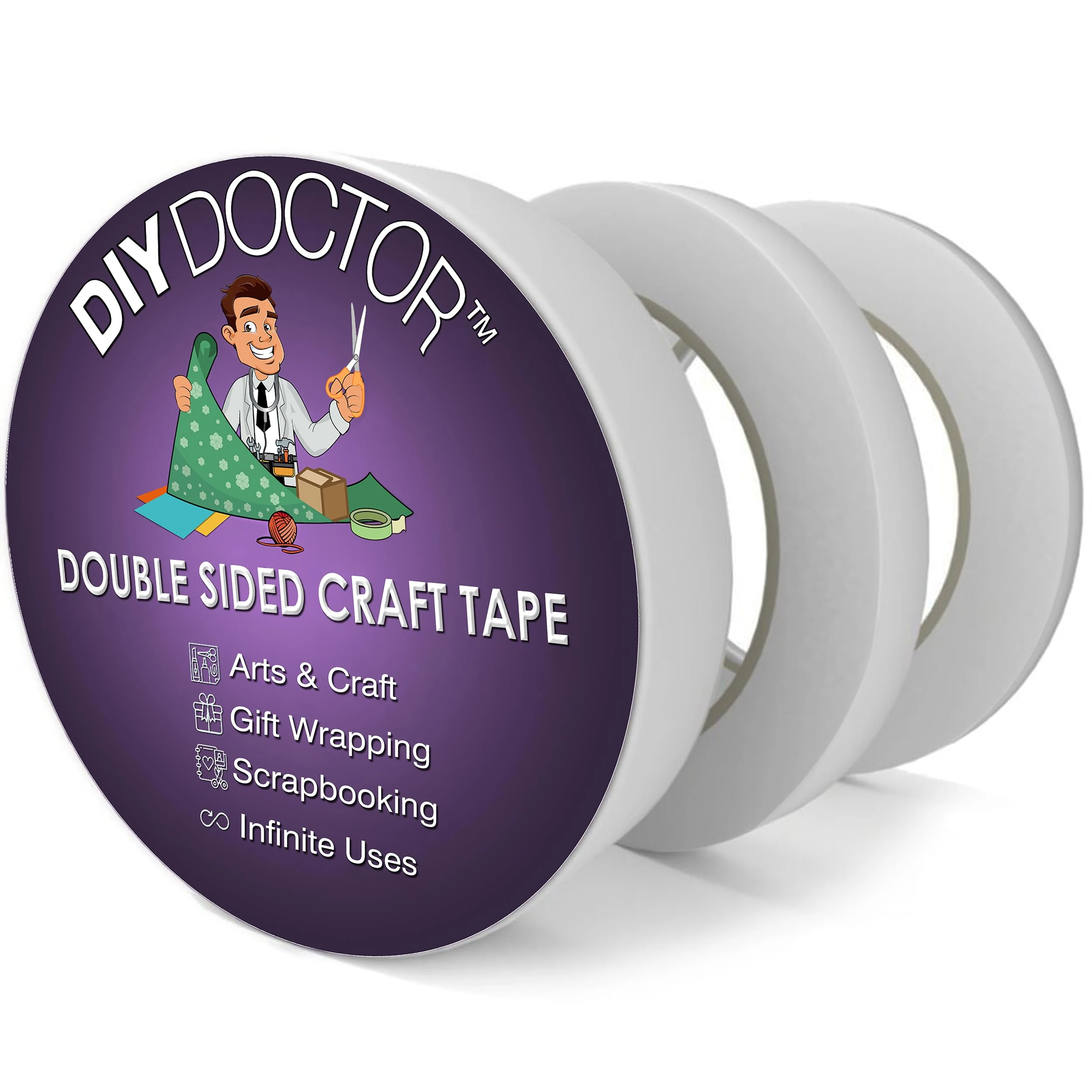 DIY Doctor Double Sided Tape - 3 Rolls (6mm, 12mm, 25mm) - Thin Craft Adhesive for Gift Wrapping, Scrapbooking, and DIY Projects - Strong, Clear & No-Residue Sticky Tape for Home & Office