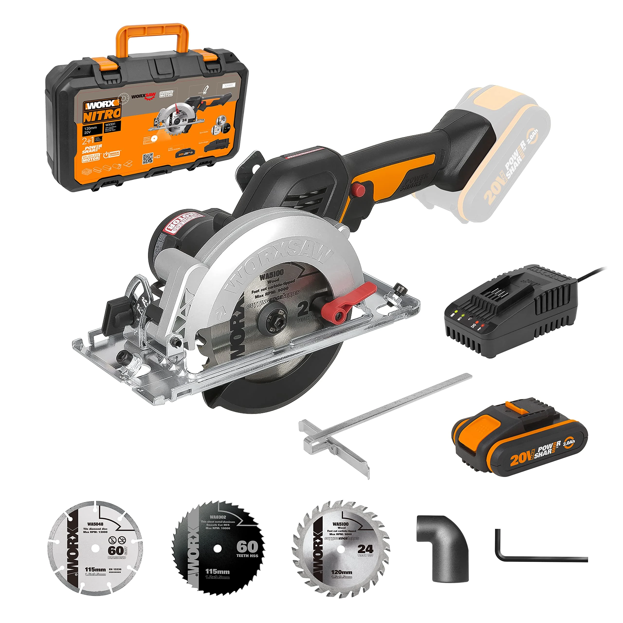 Worx WX531 20V PowerShare Cordless 120mm Brushless Compact Circular Saw with 1x 2.0Ah Battery & Charger – 41mm Cutting Depth, 6100 RPM, One-Handed Operation