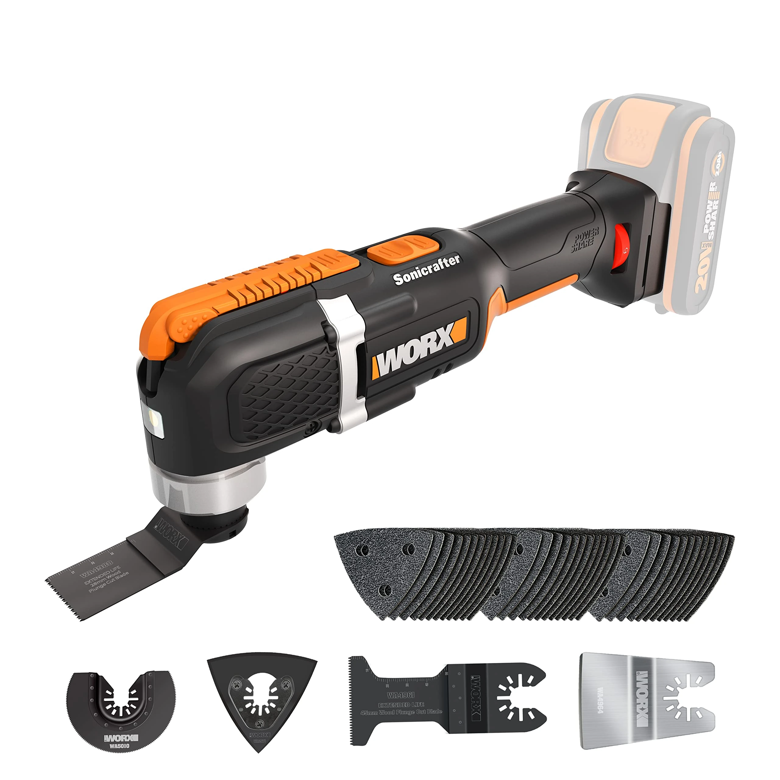 WORX WX696.9 Sonicrafter Cordless Oscillating Multi-Tool, Power Share, Variable Speed with Accessories, 18V (20V Max), Without Battery & Charger