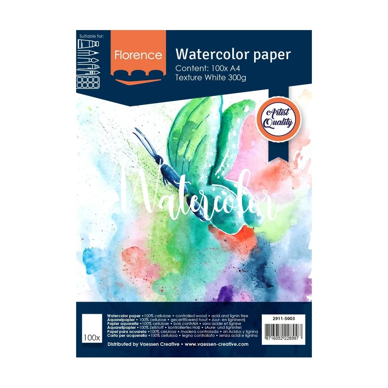 Vaessen Creative Florence Watercolour Paper A4, White, 300 GSM, Artist Grade Quality, Textured Surface, 100 sheets for Painting, Handlettering, Art Projects and More