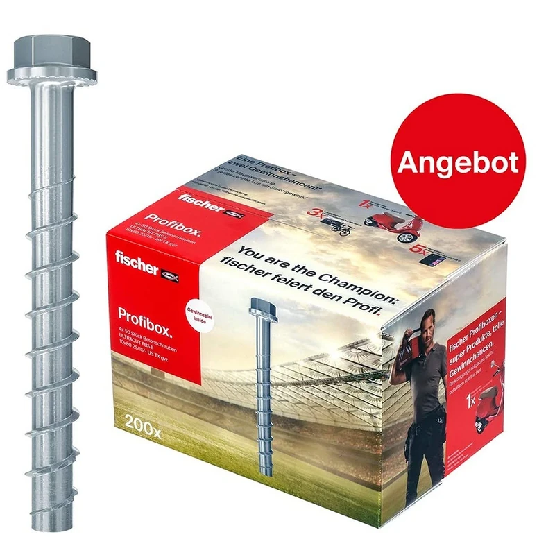 Fischer 553687 Profibox ULTRACUT FBS II 10x80 25/15/-US TX gvz Concrete Screw for Fixing railings, Metal Profiles, Shelving Systems in Concrete 200 Pieces, Grey