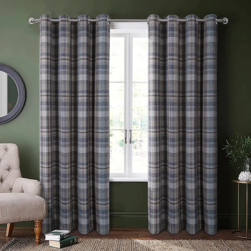 always4u Gingham Curtains for Living Room Bedroom Blackout Check Curtains 2 Panels Eyelet Window Treatments 45x95 Inch Blue Brown