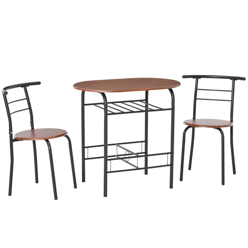HOMCOM Dining Table and Chairs Set 3, Breakfast Bar Table and 2 Chairs with Storage Shelf, Wood-Effect Tabletop, Metal Frame, Dining Room Set for Living Room, Small Space, Natural