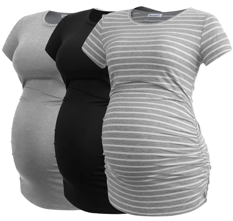 Smallshow Women's Maternity Tops Side Ruched Tunic T-Shirt Pregnancy Clothes, Black/Light Grey/Grey Stripe, L