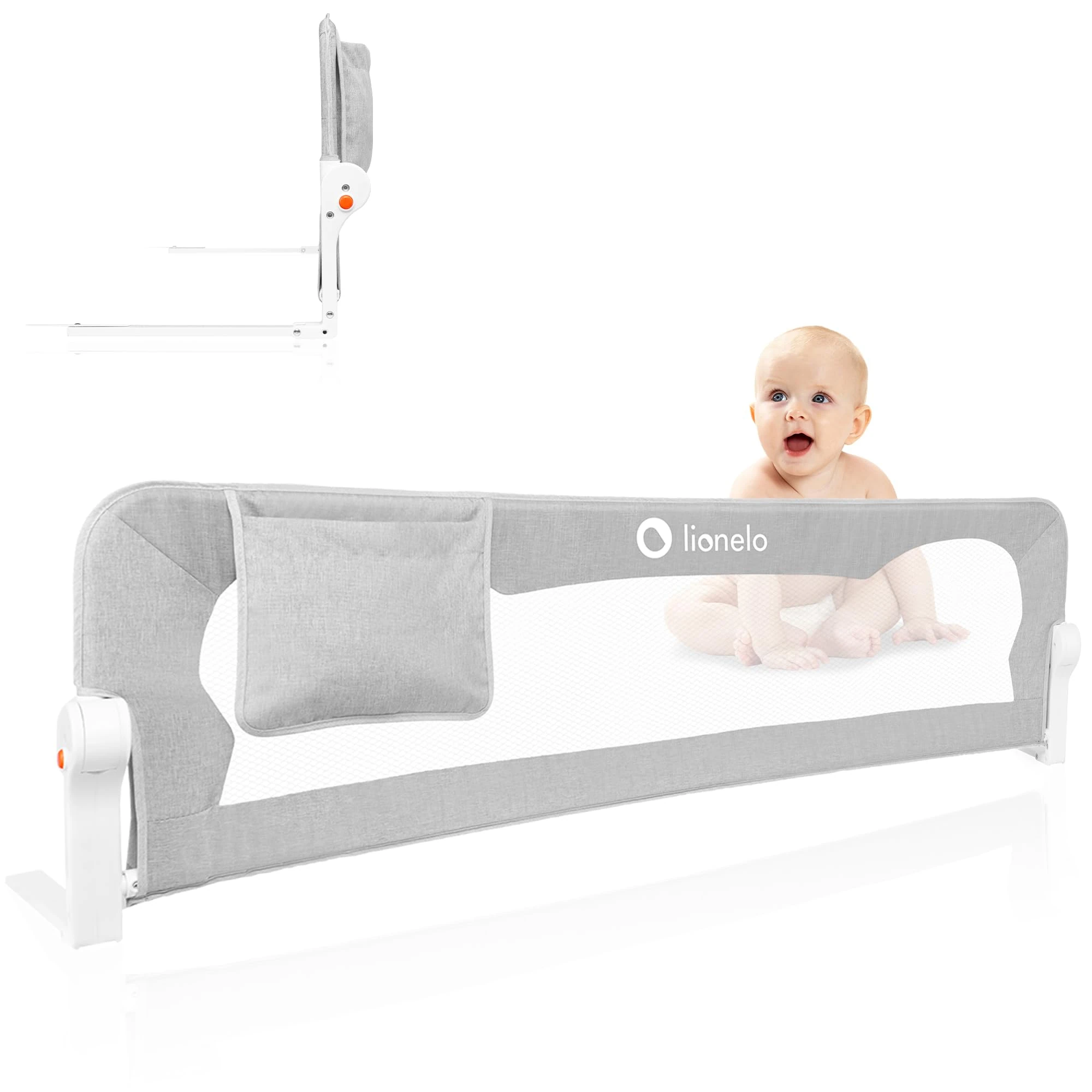 lionelo Eva Universal Bed Guard 150cm (59") L x 42cm (16.5") H, Child Safety barrier with 180° Recline Foldable Design, StandSafe lock Storage pocket, Sturdy Durable Bedside Safety Gate for Children