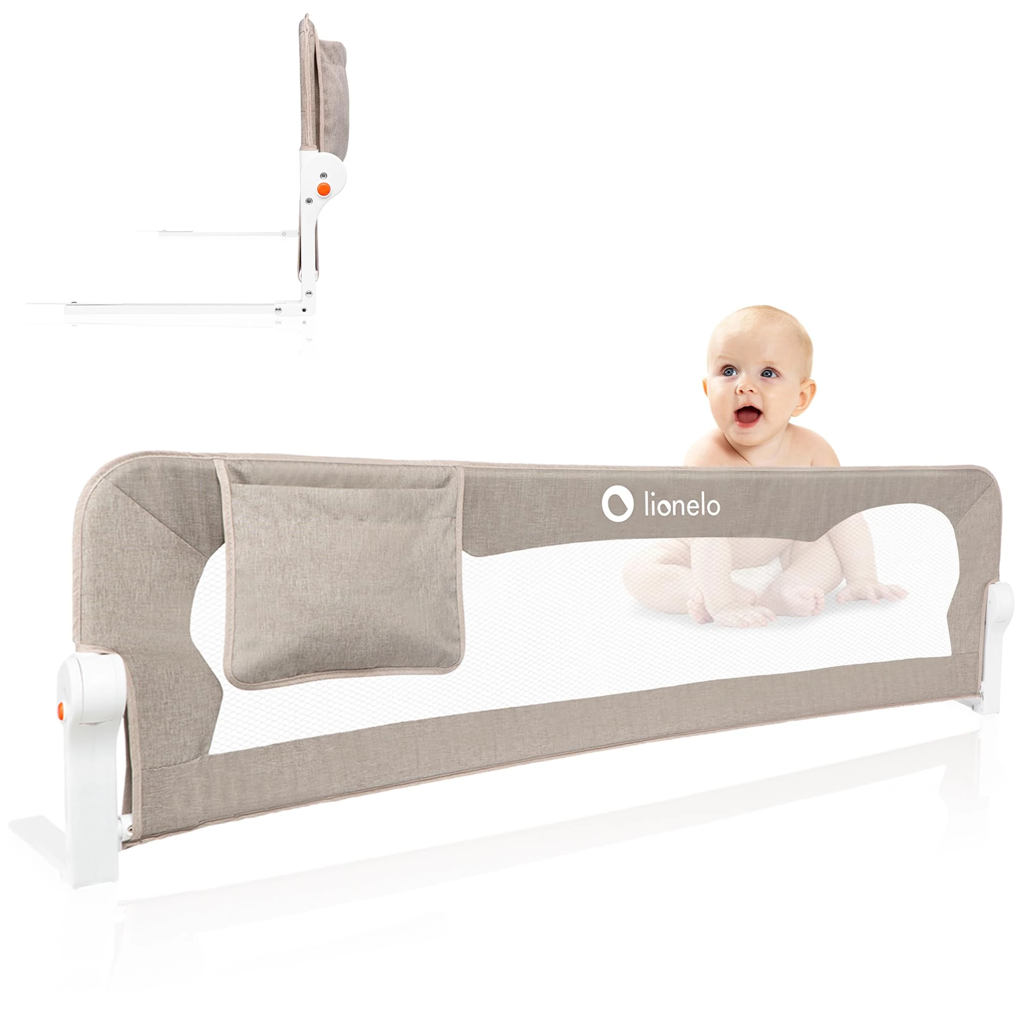 lionelo Eva Universal Bed Guard 150cm (59") L x 42cm (16.5") H, Child Safety barrier with 180° Recline Foldable Design, StandSafe lock Storage pocket, Sturdy Durable Bedside Safety Gate for Children