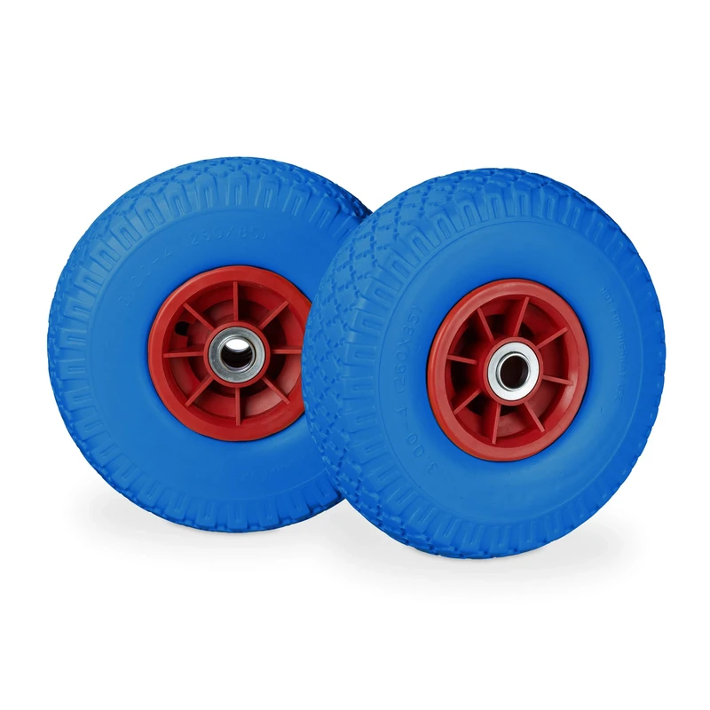 Relaxdays Hand Truck Wheel, 2x Rubber Wheelbarrow Wheel, 3.00-4"D, For 20mm Axle, Blue-Red