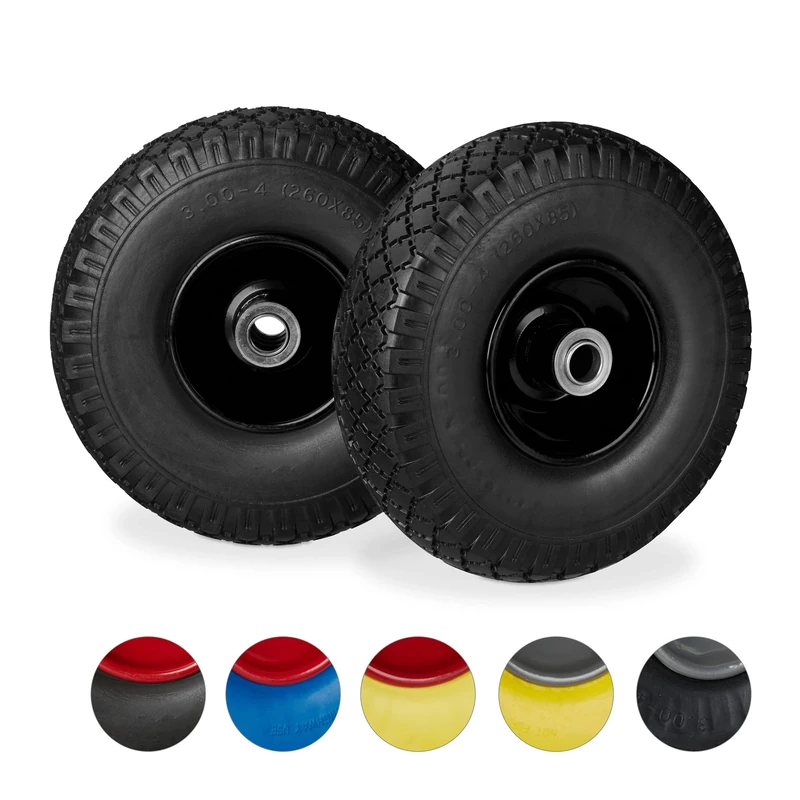 Relaxdays 2 x Hand Truck Tyre, Non-Flat Solid Rubber Wheels, 3.00-4”, 20mm Axle, 100 kg, 260 x 85 mm, Black-Black,10026069_1227