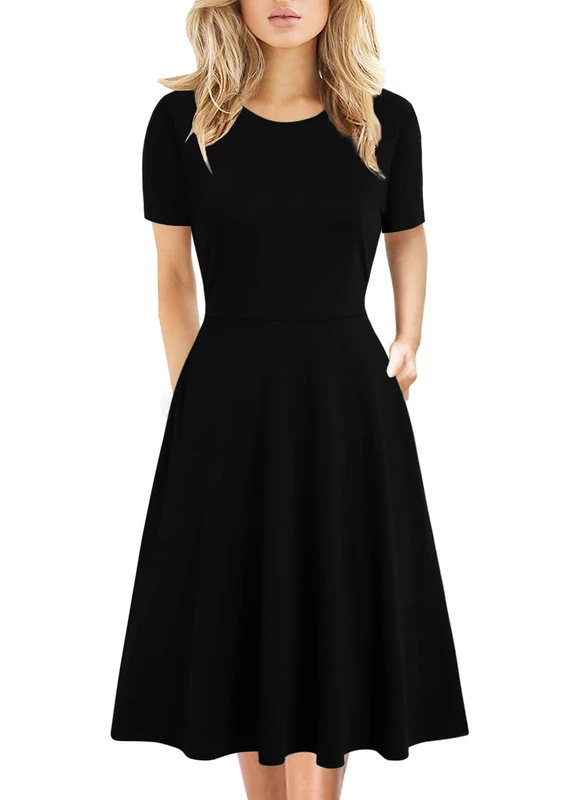 Women's Elegant Vintage Cotton Casual Floral Print Work Party A-Line Swing Dress with Pockets 162, Black Solid, M