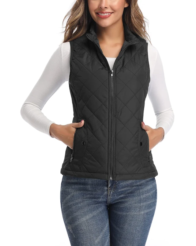 LONGKING LK Women's Padded Vest, Stand Collar Lightweight Zip Quilted Gilet Black L