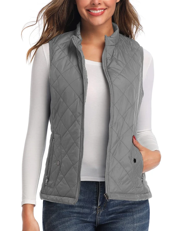 LK Women's Padded Vest, Stand Collar Lightweight Zip Quilted Gilet Gray M - Image 1