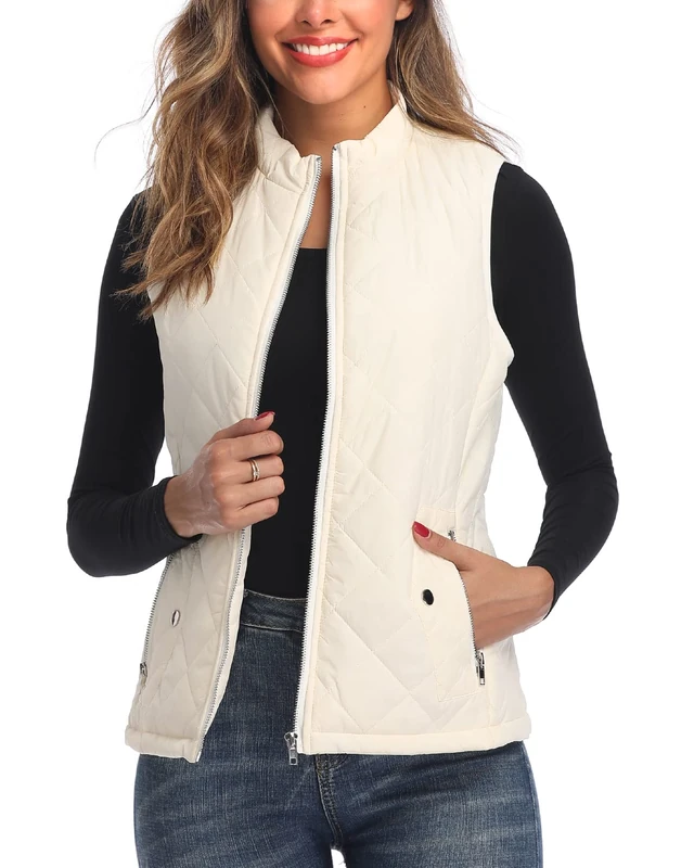 LK Women's Padded Vest, Stand Collar Lightweight Zip Quilted Gilet White L