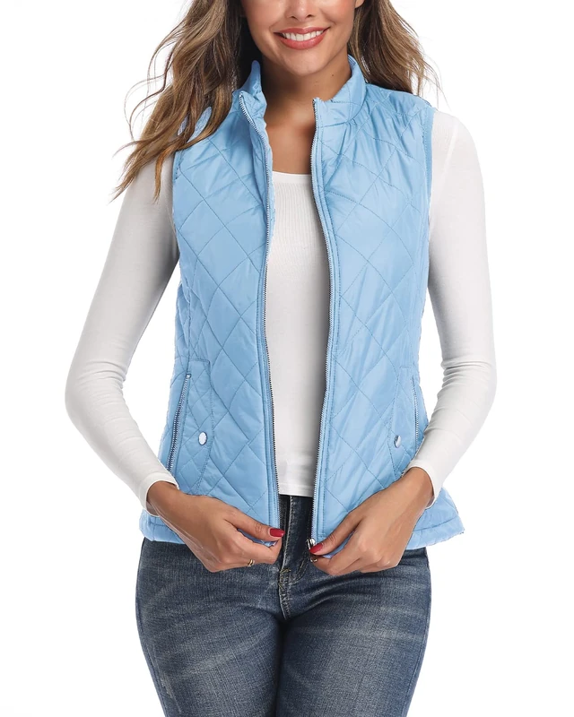 LK Women's Padded Vest, Stand Collar Lightweight Zip Quilted Gilet Light Blue L