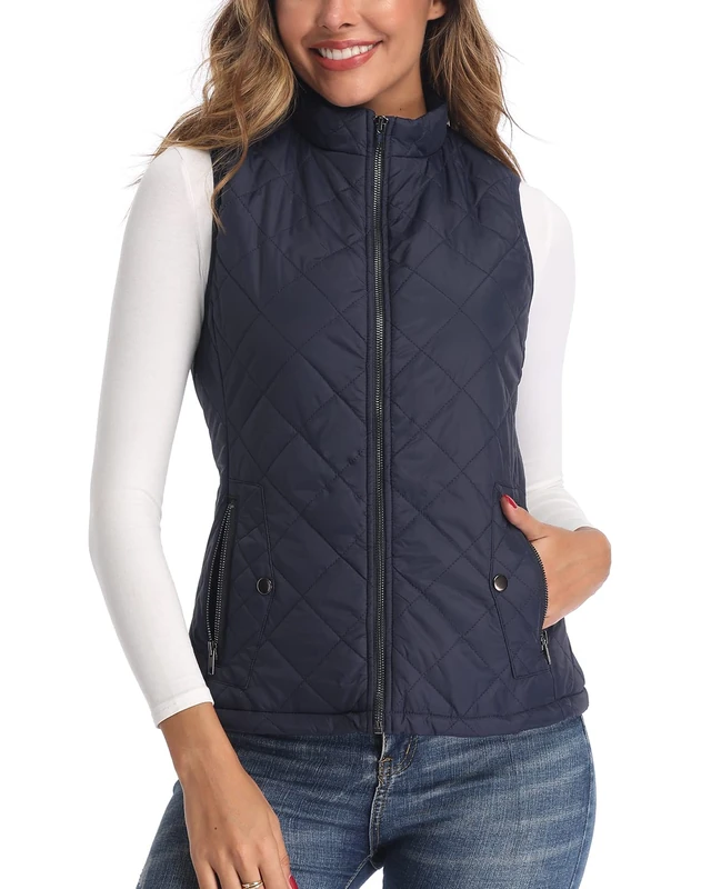 LK Women's Padded Vest, Stand Collar Lightweight Zip Quilted Gilet Dark Blue L