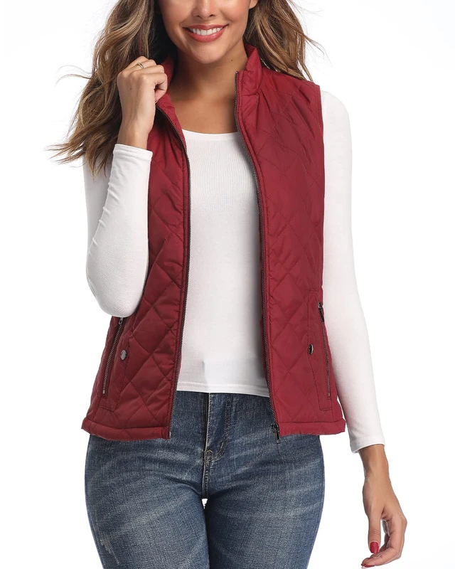 LK Women's Padded Vest, Stand Collar Lightweight Zip Quilted Gilet Wine Red L