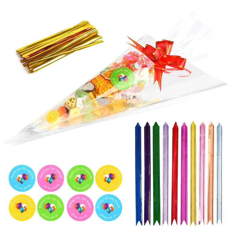 VEYLIN 50 Pieces Sweet Cones Party Bags - 14.5 x 7 Inches Clear Cellophane Candy Bags and Ties for Party Gift Wedding Birthday Favors with 60 Pieces Thank You Stickers (Ribbon)