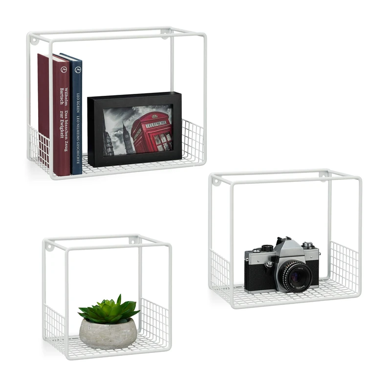 Relaxdays Cube Wall Shelf Set of 3, Living Room, Modern Grid Design, Square Bookcases, Metal, 15 cm Deep, White