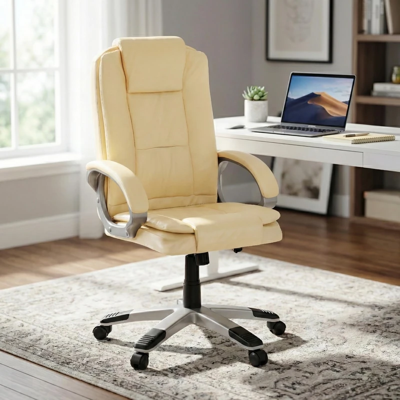 Vida Designs Charlton Executive Office Chair - Ergonomic Desk Chair with Padded Armrests, Adjustable Height and 360° Swivel – Ideal for Home Office, Study or Gaming - Cream PU Leather (UKFR Certified)