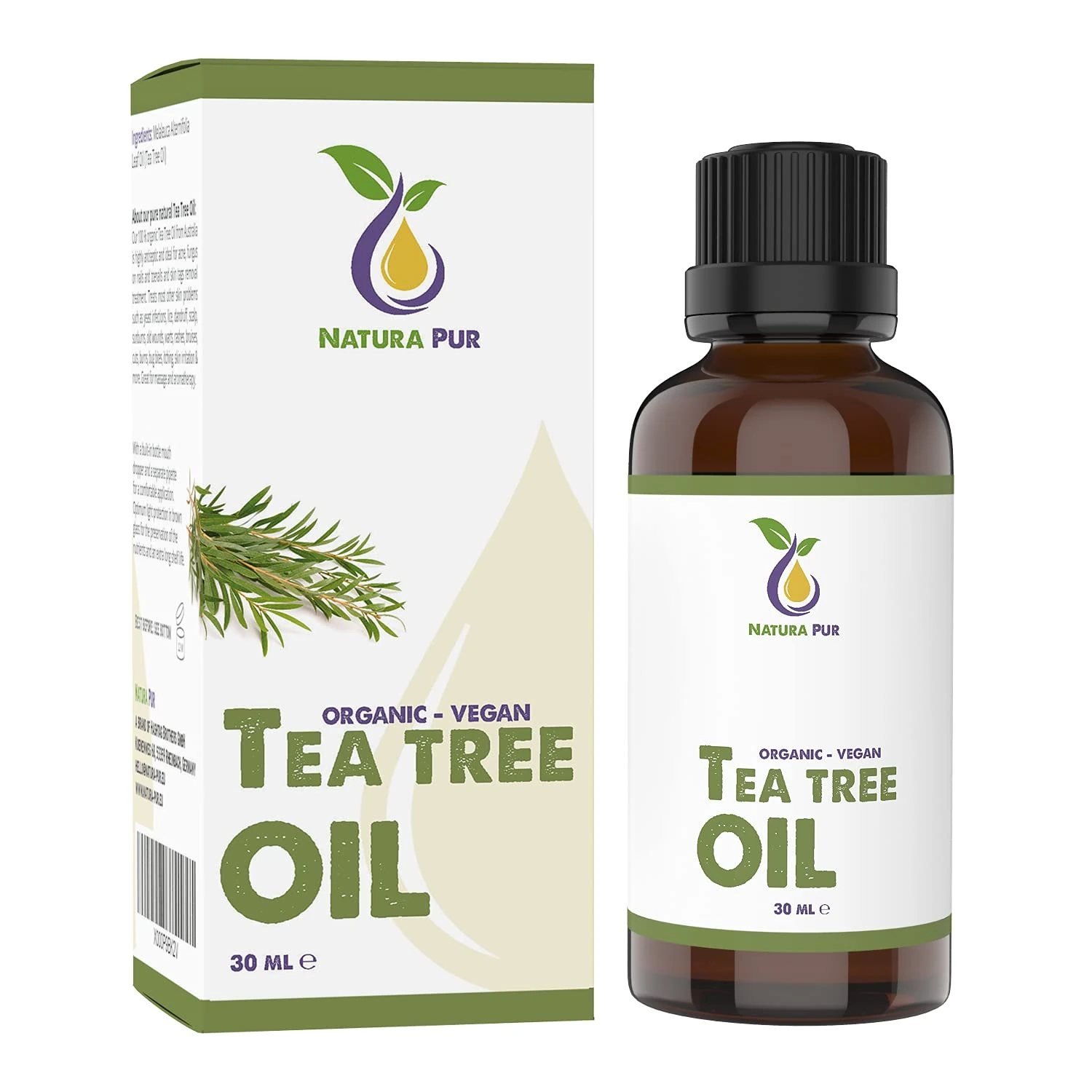 Organic Tea Tree Oil 30ml – 100% Pure Undiluted Tea Tree Essential Oil, Vegan – for Skin, Nails, Hair, Aromatherapy and diffusers