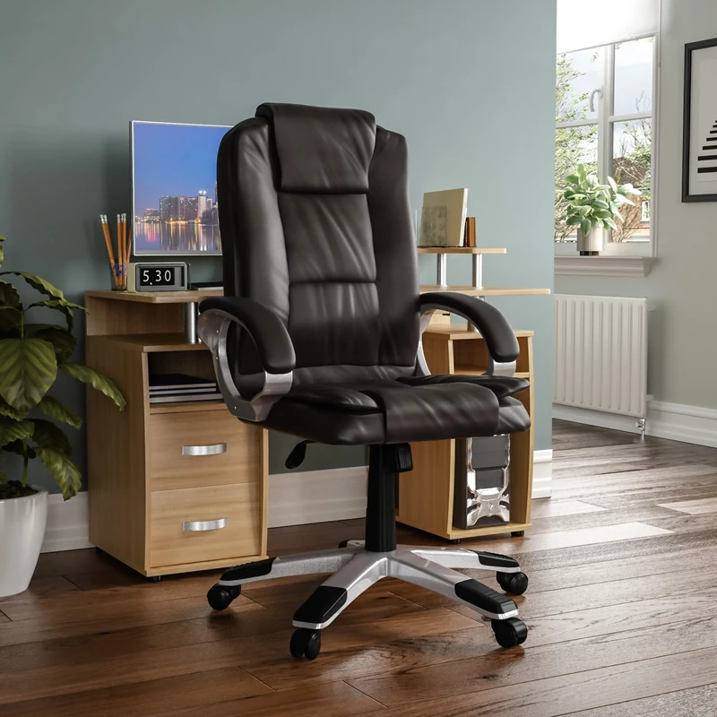 Vida Designs Charlton Executive Office Chair - Ergonomic Desk Chair with Padded Armrests, Adjustable Height and 360° Swivel – Ideal for Home Office, Study or Gaming - Brown PU Leather (UKFR Certified)