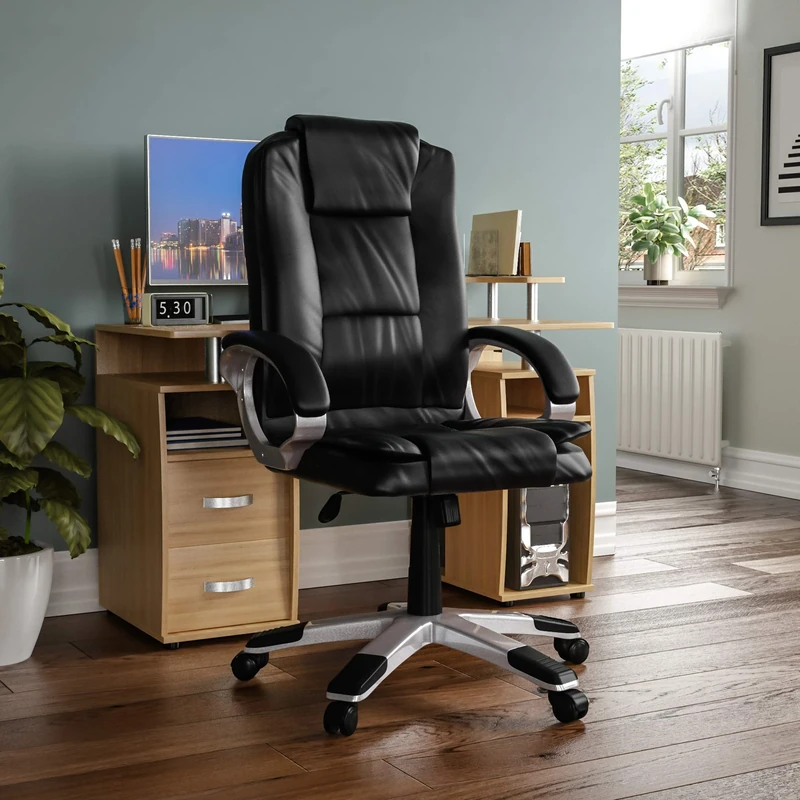 Vida Designs Charlton Executive Office Chair - Ergonomic Desk Chair with Padded Armrests, Adjustable Height and 360° Swivel – Ideal for Home Office, Study or Gaming - Black PU Leather (UKFR Certified)
