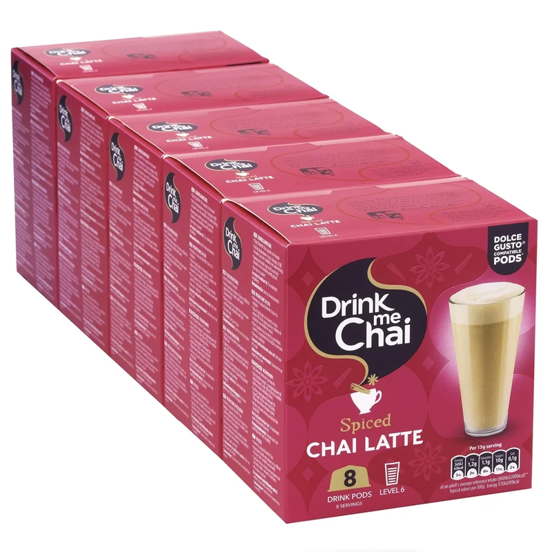 Drink Me Chai Spiced Chai Latte Dolce Gusto Compatible Pods - 8 Pods x 5 Boxes (40 Servings Total)