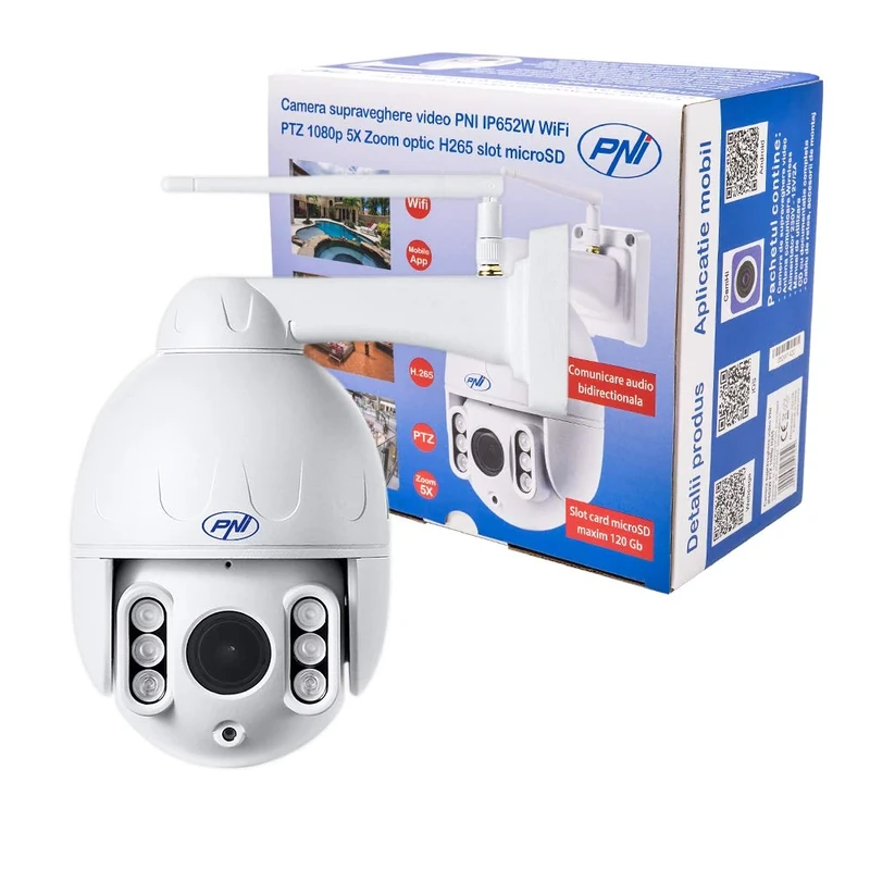 Video surveillance cameraPNI IP652W WiFi PTZ 1080p 2MP 5X Optical zoom H265 microSD slot Night Vision 50m IP66 Motion detection alarm Bidirectional audio communication