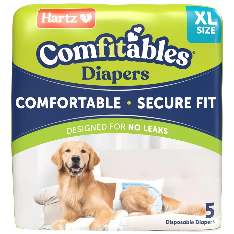 Hartz New Comfitables® Disposable Dog Diapers, Size XL 5 count, Comfortable & Secure Fit, Easy to Put On, Super Absorbent Male and Female Diaper
