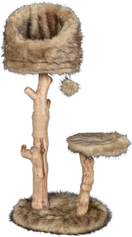 dobar Sunny 35291FSCe Design Cat Scratching Post 2 Levels Real Wood Scratching Furniture for Cats Claw Care with Jute Cat Tree with Natural Wood Trunk Including Plush Cover and Play Ball 50 x 40 x 99