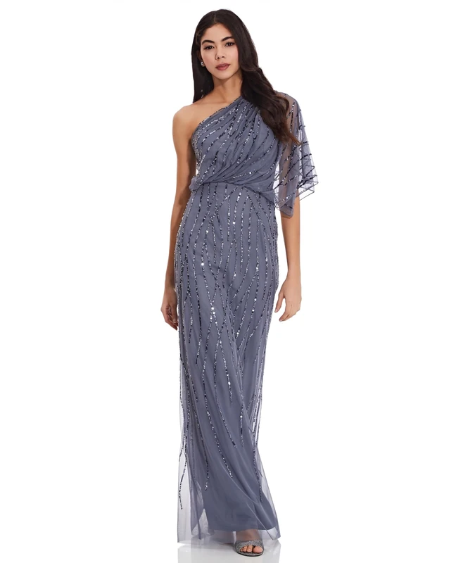 Adrianna Papell Women's Long Beaded Dresses, Dusty Blue, 16