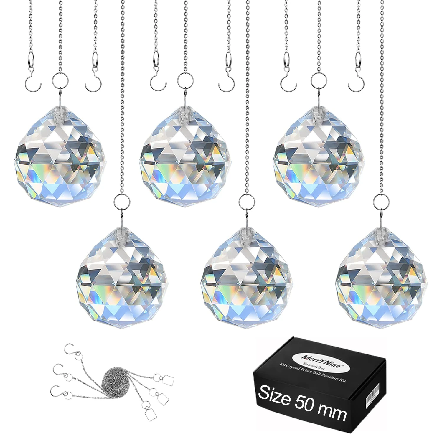 MerryNine Clear Crystal Ball Prism Sun Shine Catcher Rainbow Pendants Maker, Hanging Crystals Prisms for Windows, for Feng Shui, for Gift(50mm/2.0" 6pack)