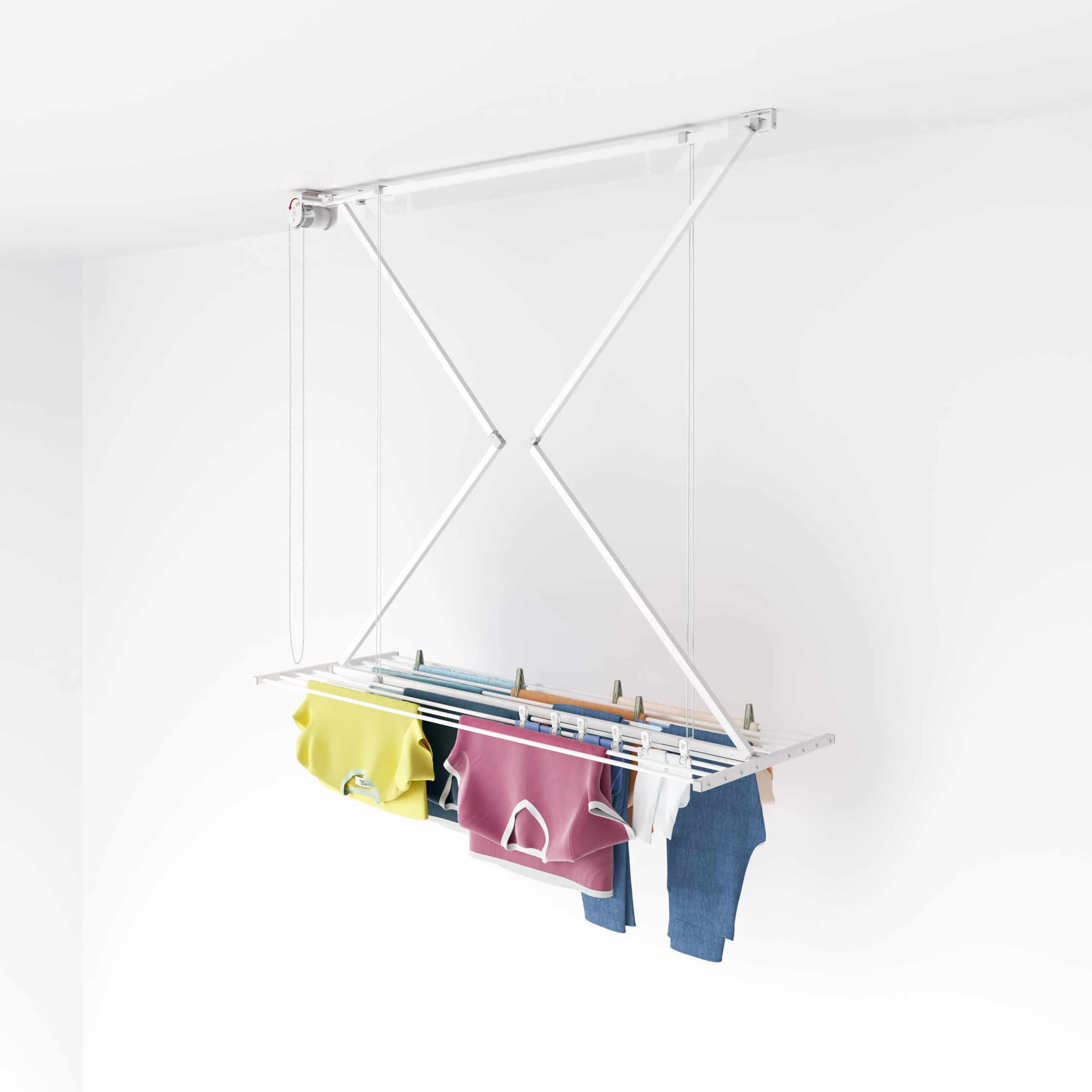 foxydry Mini, Ceiling Mounted Pulley Clothes Airer, Clothes Drying Rack, Vertical Folding Laundry Drying Rack in aluminium and steel 59.84x21.2x9.84 in