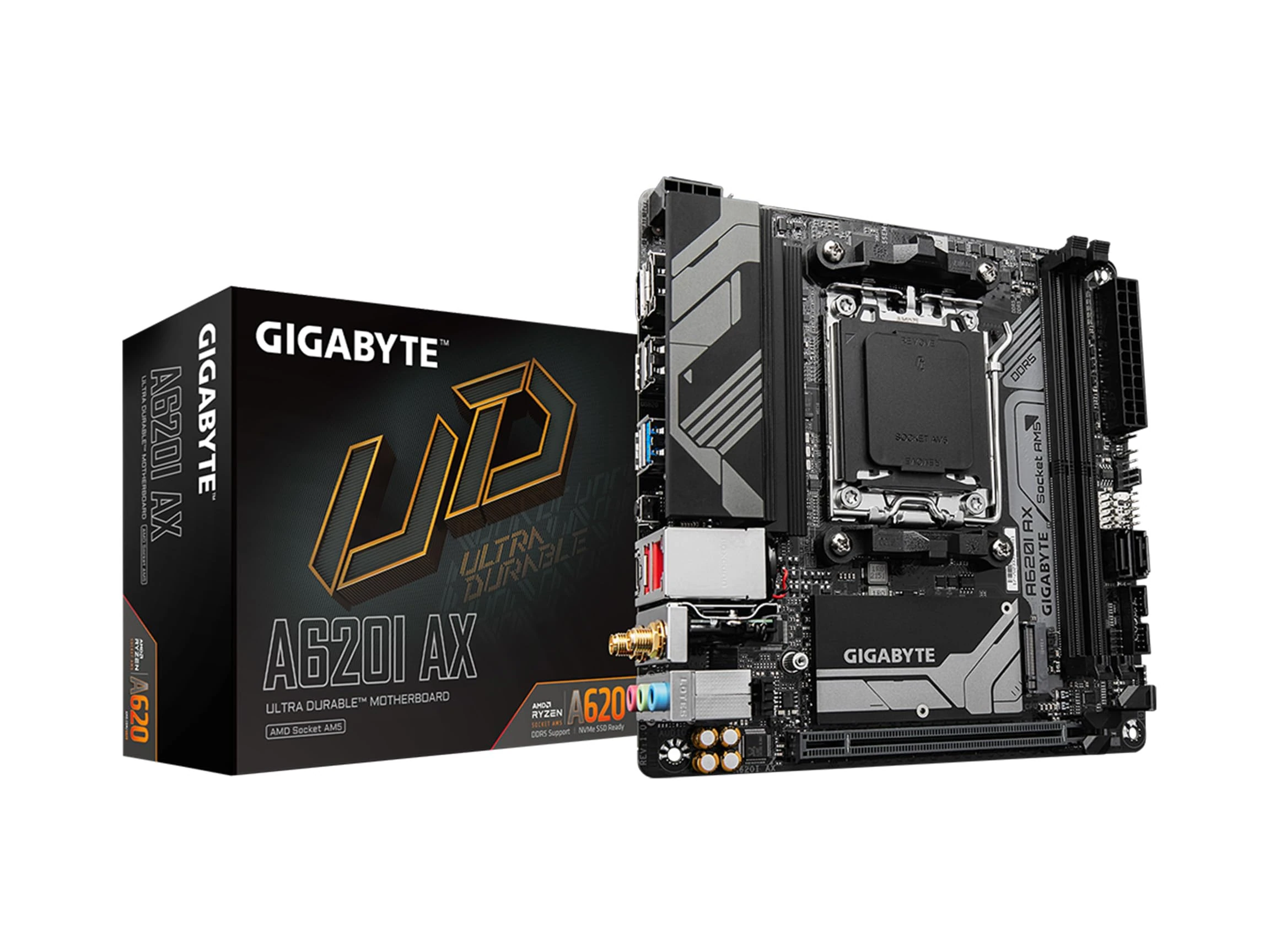 GIGABYTE A620I AX (AM5/ LGA 1718/ AMD/ A620/ Mini-ITX/ 5-Year Warranty/ DDR5/ Single M.2/ PCIe 4.0/ USB 3.2 Gen1 Type-C/Realtek Wi-Fi 6E/ Realtek 2.5GbE/ Q-Flash Plus/PCIe EZ-Latch/Motherboard)