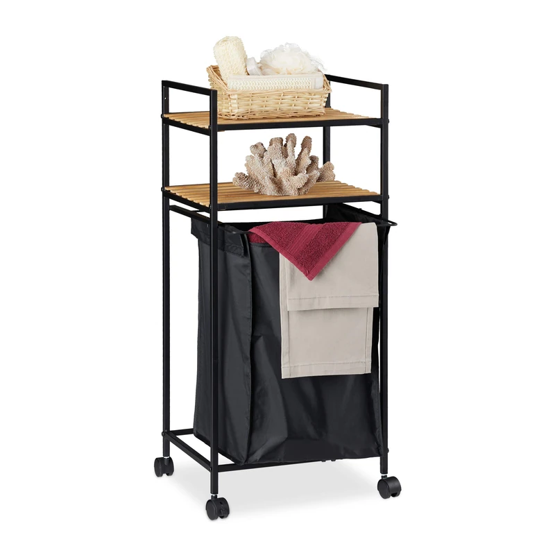 Relaxdays Rolling Bathroom Shelf, 2 Tiers, Rack with Laundry Hamper, Metal, Bamboo, HWD: 89.5x39x32.5 cm, Black/Natural