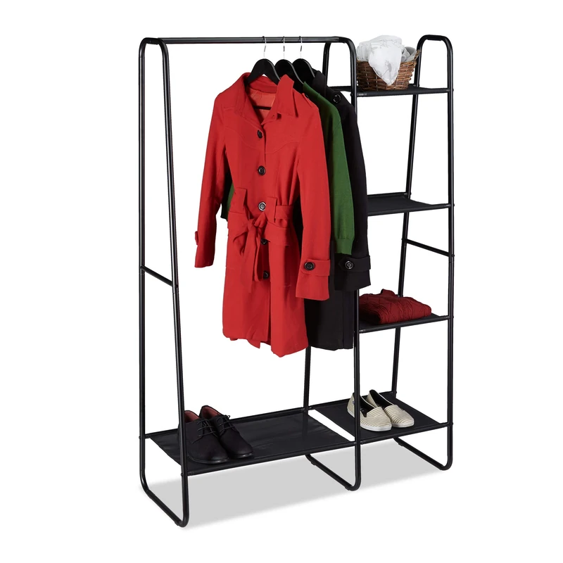Relaxdays Coat Rack, 5 Shelves, Clothes Rail, Open Wardrobe for Hallway or Bedroom, HxWxD 150x100x40 cm, Black