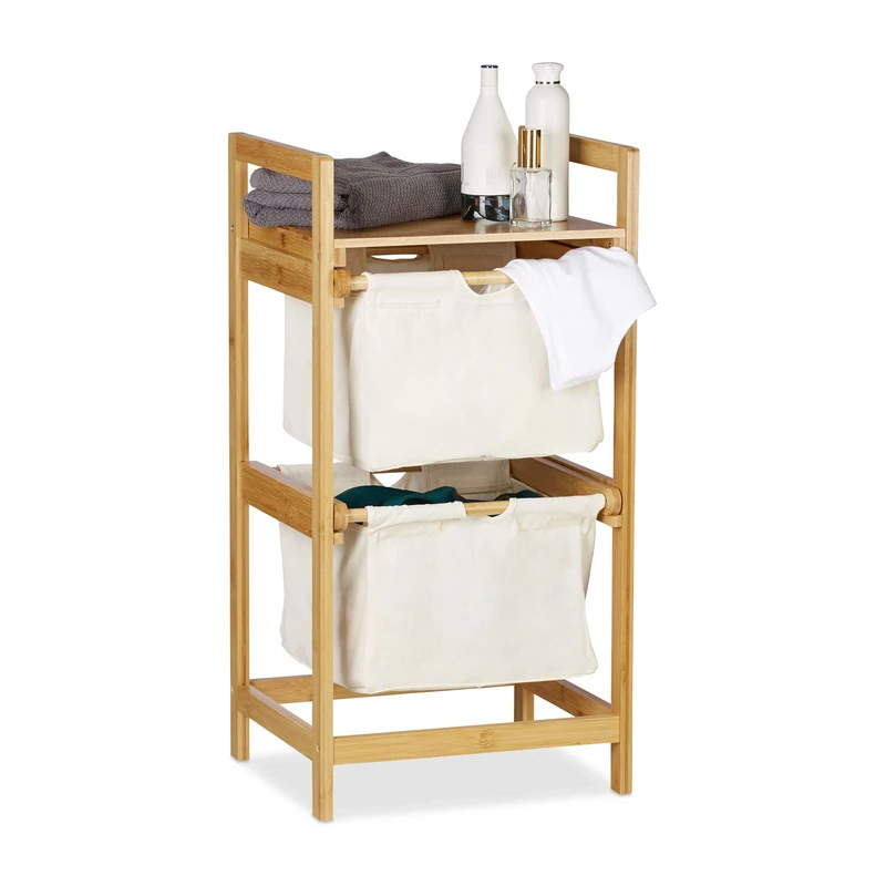 Relaxdays Bamboo Laundry Hamper, Clothes Sorter with Shelf, 2 Drawers, Pull-Out & Portable, 25 L Basket, Natural