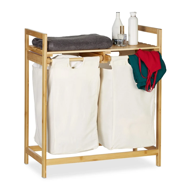 Relaxdays Bamboo Laundry Hamper, Clothes Sorter with Shelf, 2 Compartments, Pull-Out & Portable, 60 L Basket, Natural, White